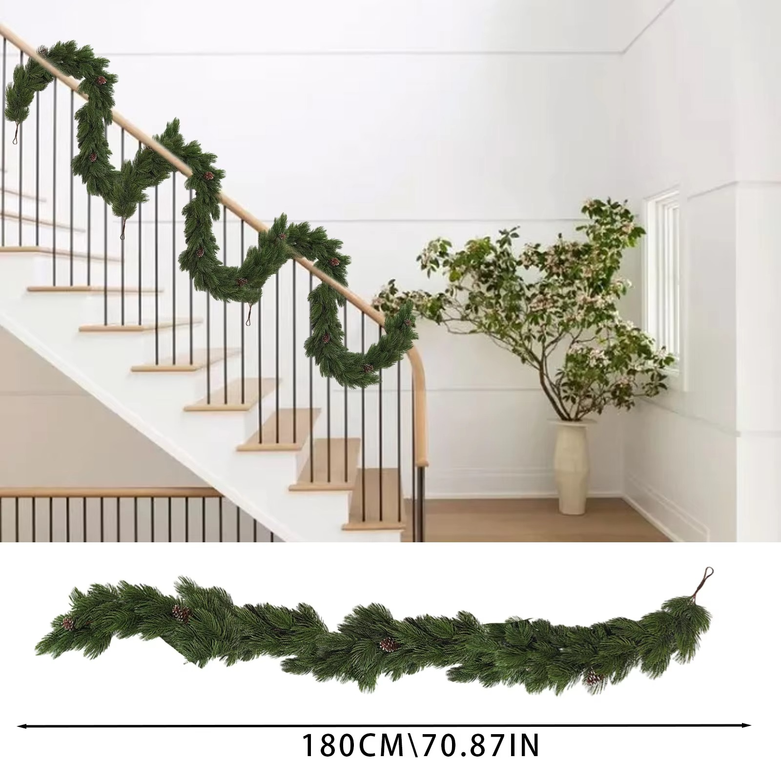 1.8m Christmas Vine Garland Decoration With Pine Cones Artificial Realistic Pine Wreath For Mantle,Stairs,Wall And Table