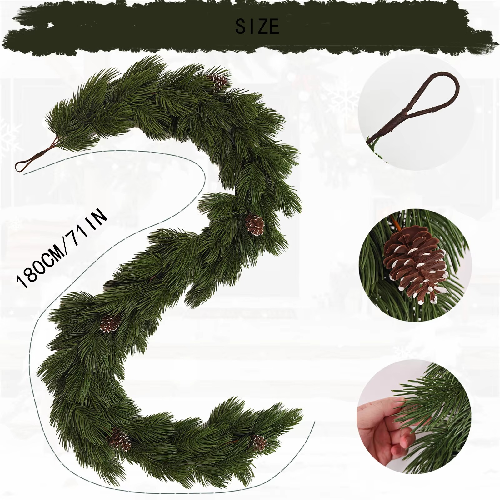 1.8m Christmas Vine Garland Decoration With Pine Cones Artificial Realistic Pine Wreath For Mantle,Stairs,Wall And Table