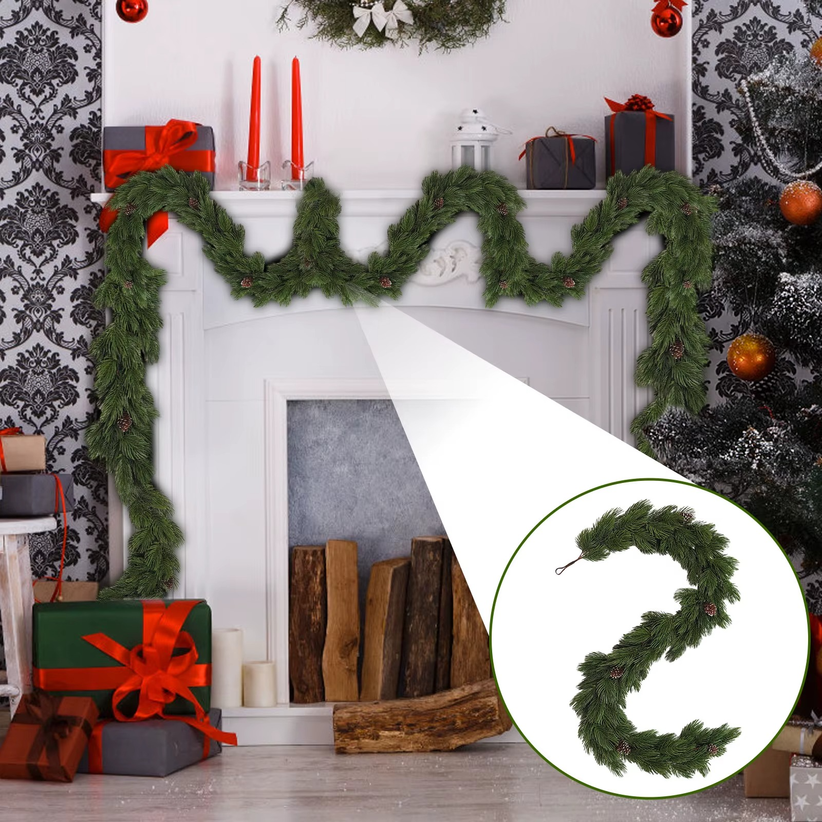 1.8m Christmas Vine Garland Decoration With Pine Cones Artificial Realistic Pine Wreath For Mantle,Stairs,Wall And Table