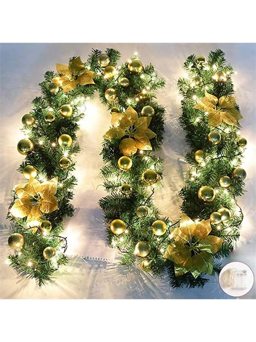 2.7M Christmas LED Rattan Garland Decorative Artificial Flower Pine Tree Ornament Xmas Party Home Fireplace Door Stairs Decor
