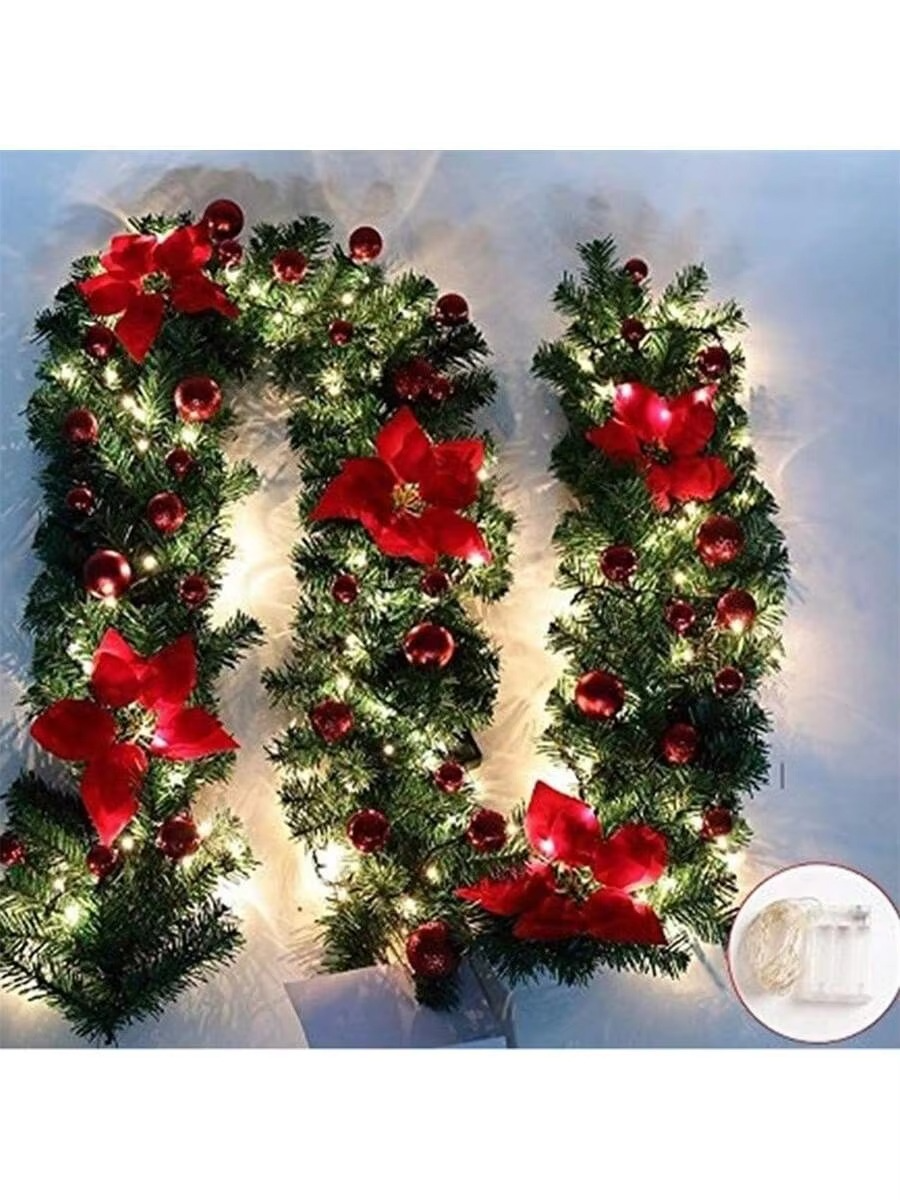 2.7M Christmas LED Rattan Garland Decorative Artificial Flower Pine Tree Ornament Xmas Party Home Fireplace Door Stairs Decor