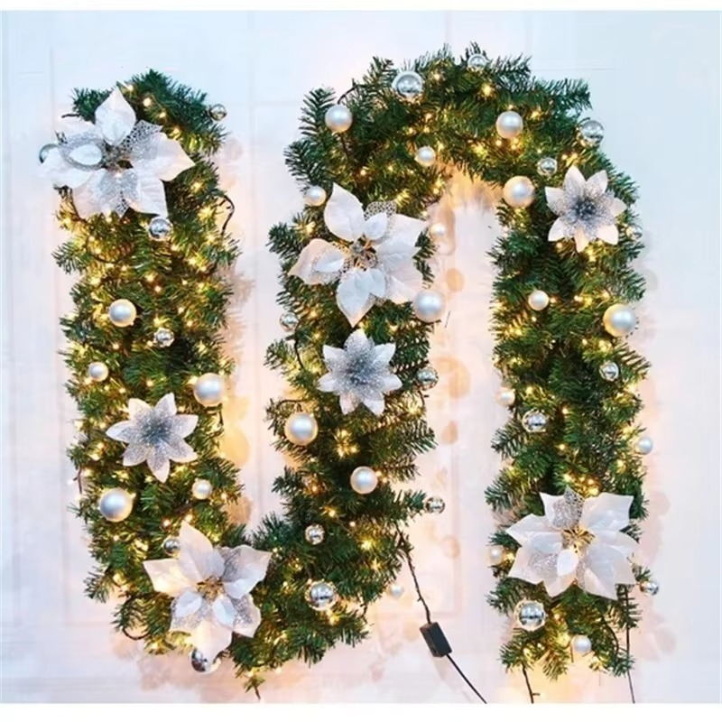 2.7M Christmas LED Rattan Garland Decorative Artificial Flower Pine Tree Ornament Xmas Party Home Fireplace Door Stairs Decor