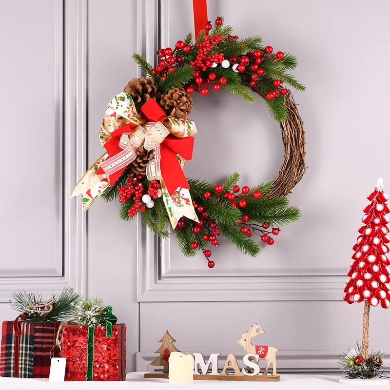 40cmPE Decorations Pine Cone Red Fruit Christmas Cloth Flower Wall Hanging Door Hanging Christmas Wreath
