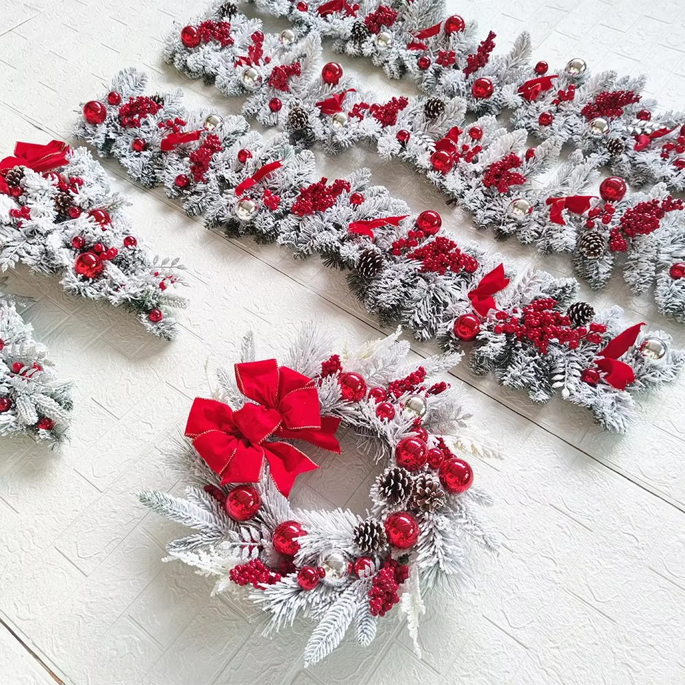 1.2/1.5m Christmas Rattan For Front Door Flocked Vine Wall Hanging Garland Wreath Door Curtain Staircase Fireplace Decor Props
