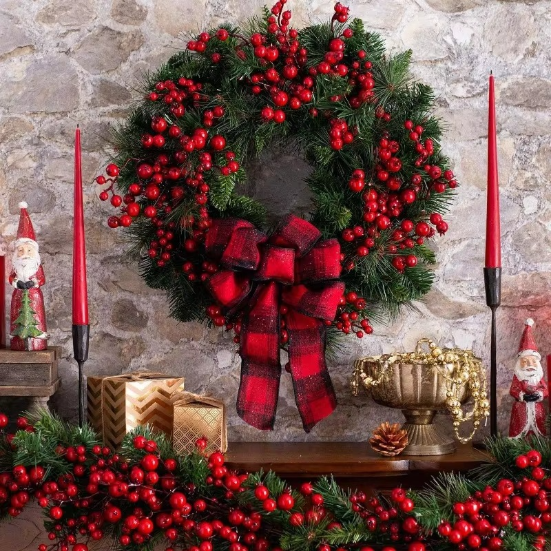 Christmas Red and Black Checkered Bow Wreath Red Simulated Berry Vine Circle Door Hanging Decoration