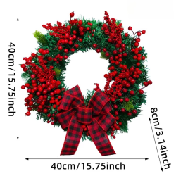 Christmas Red and Black Checkered Bow Wreath Red Simulated Berry Vine Circle Door Hanging Decoration