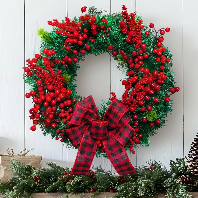 Christmas Red and Black Checkered Bow Wreath Red Simulated Berry Vine Circle Door Hanging Decoration