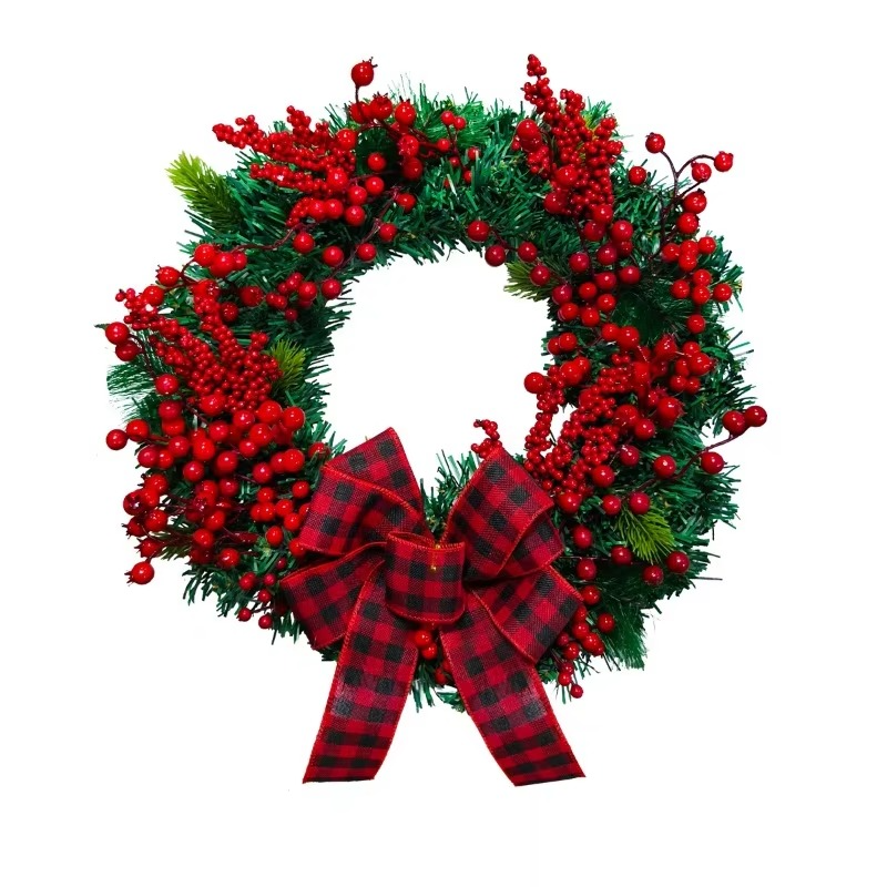 Christmas Red and Black Checkered Bow Wreath Red Simulated Berry Vine Circle Door Hanging Decoration