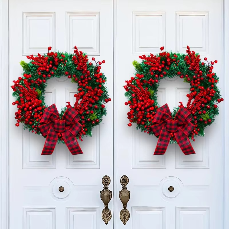 Christmas Red and Black Checkered Bow Wreath Red Simulated Berry Vine Circle Door Hanging Decoration
