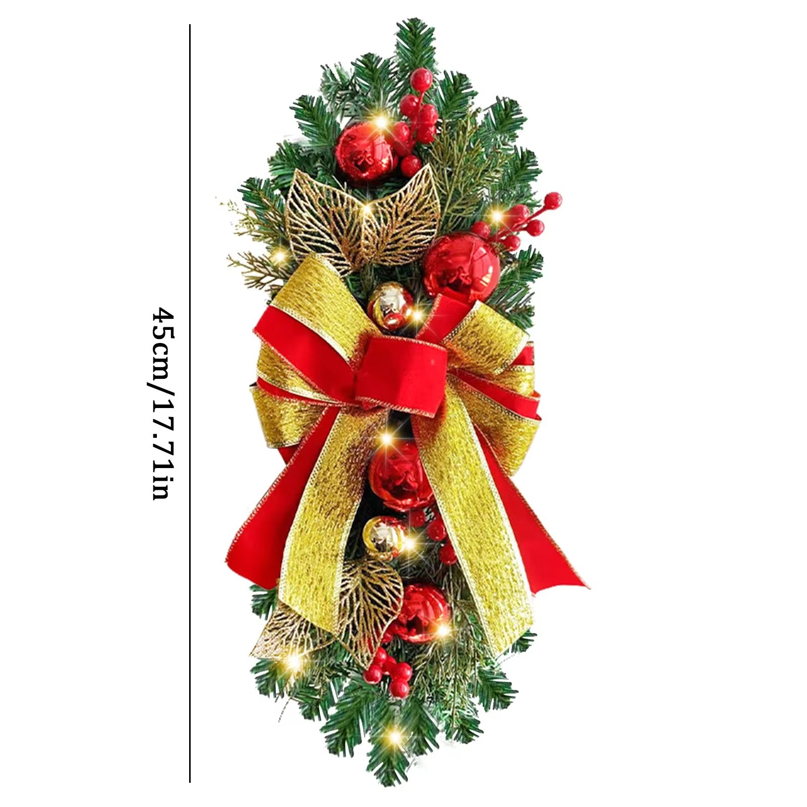 Christmas Wreath Decoration LED Staircase Red Rattan Bow Wreath Pine Cone Hanging Christmas Home Decoration