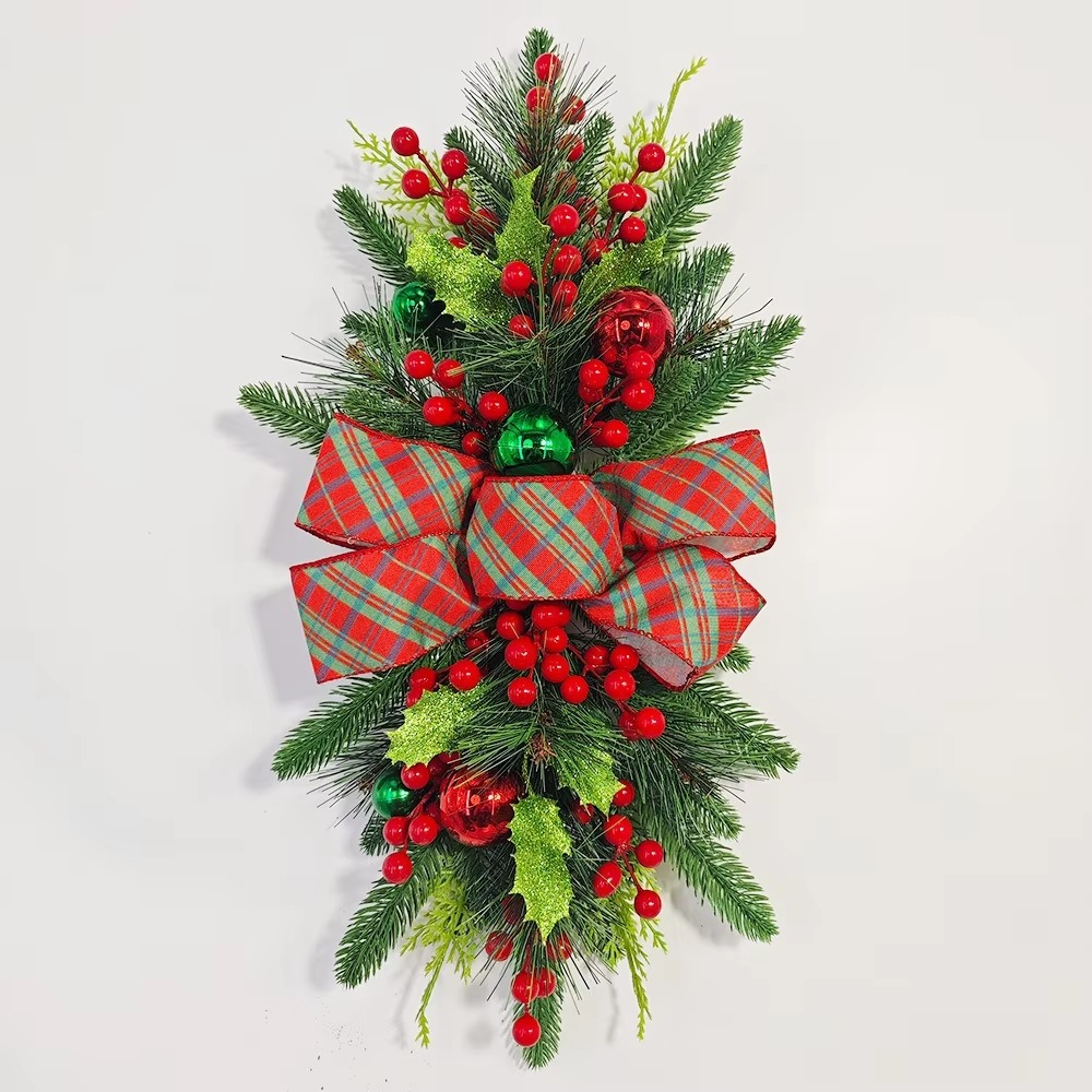 Christmas Wreath Decoration LED Staircase Red Rattan Bow Wreath Pine Cone Hanging Christmas Home Decoration