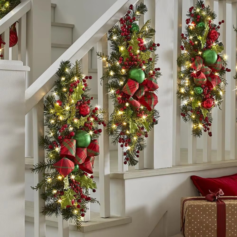 Christmas Wreath Decoration LED Staircase Red Rattan Bow Wreath Pine Cone Hanging Christmas Home Decoration