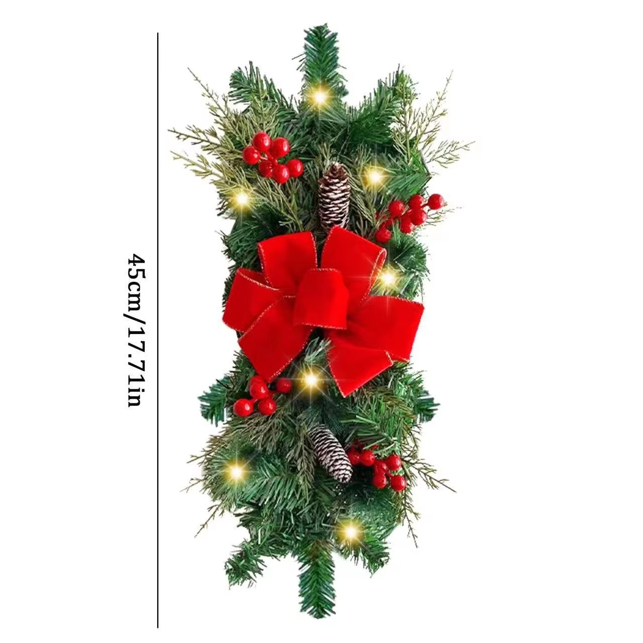 Christmas Wreath Decoration LED Staircase Red Rattan Bow Wreath Pine Cone Hanging Christmas Home Decoration