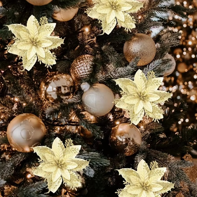 15PCS Sparkling Gold Flower Clips - Christmas Decorations, Suitable for Spring and Winter Holidays, Wreath Decoration
