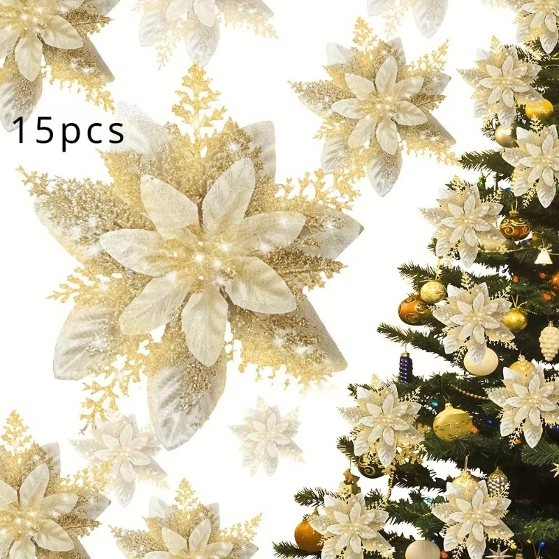 15PCS Sparkling Gold Flower Clips - Christmas Decorations, Suitable for Spring and Winter Holidays, Wreath Decoration