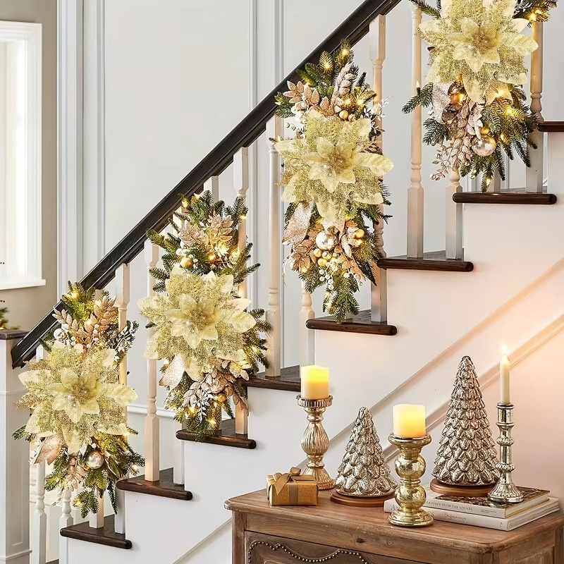 15PCS Sparkling Gold Flower Clips - Christmas Decorations, Suitable for Spring and Winter Holidays, Wreath Decoration