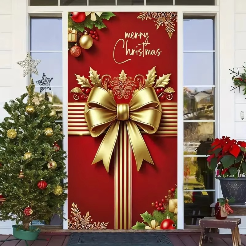 Merry Christmas Decorative Door Curtain Cartoon Christmas Bow Home Christmas Ornaments Dream Entrance Party Decoration Supplies