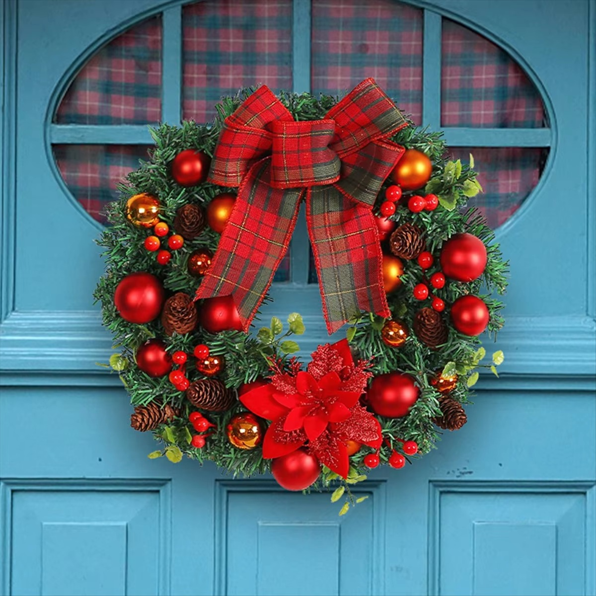 Christmas Wreath Decoration for Front Door, Christmas Wreath for Farmhouse Window Wall Fireplaces Porch Party Decor