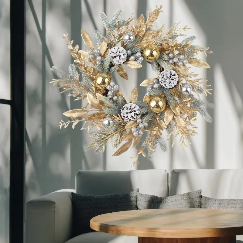 50cm Golden Christmas Wreath Door Wreath Tree Wall Decor Christmas Ornaments Artificial Pine Cone Tree Wall Window Hanging Decor