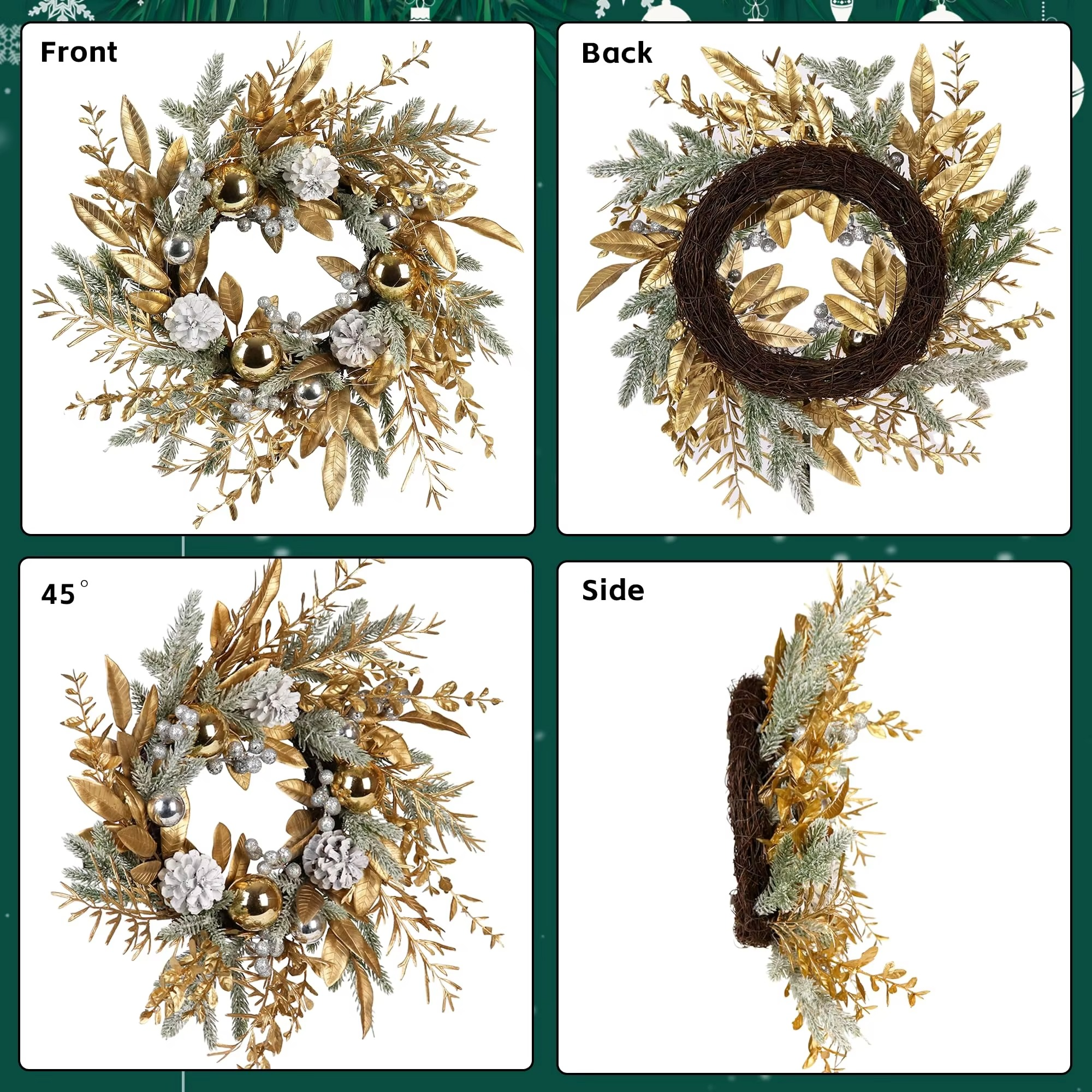 50cm Golden Christmas Wreath Door Wreath Tree Wall Decor Christmas Ornaments Artificial Pine Cone Tree Wall Window Hanging Decor