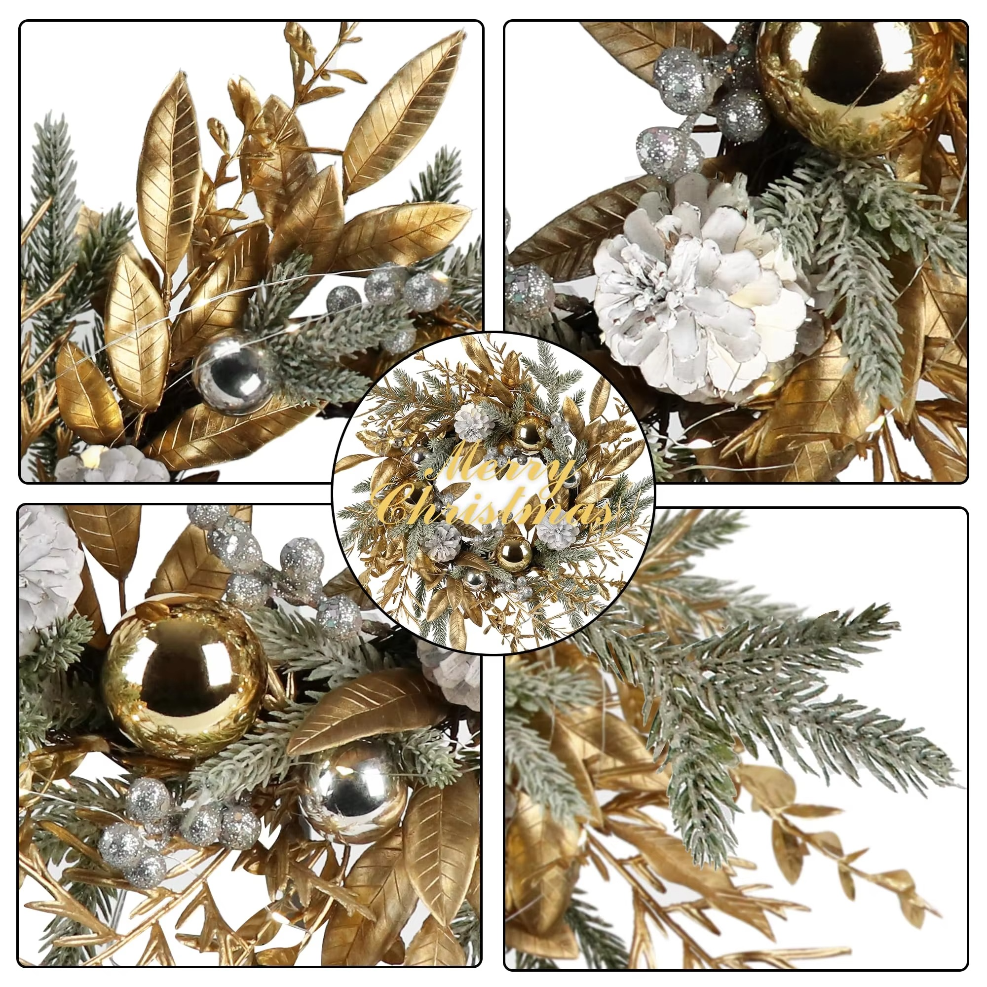 50cm Golden Christmas Wreath Door Wreath Tree Wall Decor Christmas Ornaments Artificial Pine Cone Tree Wall Window Hanging Decor