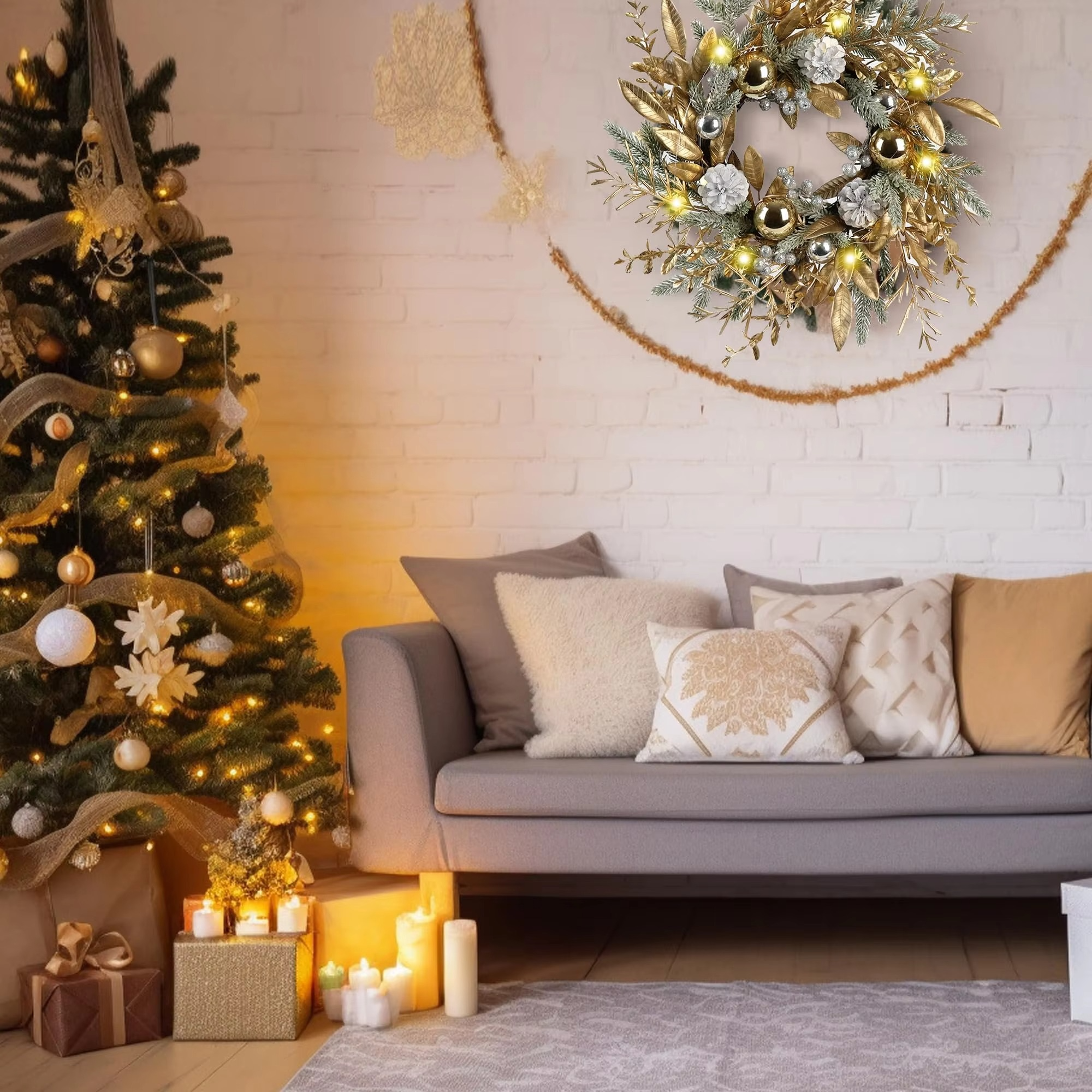 50cm Golden Christmas Wreath Door Wreath Tree Wall Decor Christmas Ornaments Artificial Pine Cone Tree Wall Window Hanging Decor