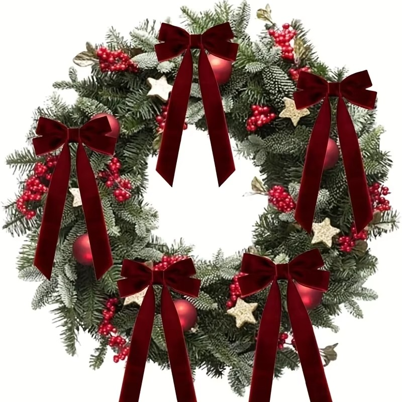 10pcs Red Velvet Christmas Tree Bows - Festive Ribbon Gift Bows for Holiday Wreaths, Decorations,and Rustic Crafts Glossy Finish