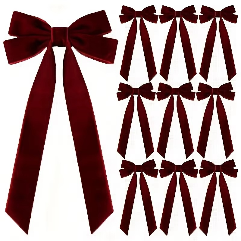 10pcs Red Velvet Christmas Tree Bows - Festive Ribbon Gift Bows for Holiday Wreaths, Decorations,and Rustic Crafts Glossy Finish