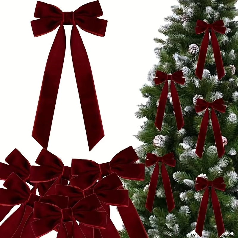 10pcs Red Velvet Christmas Tree Bows - Festive Ribbon Gift Bows for Holiday Wreaths, Decorations,and Rustic Crafts Glossy Finish