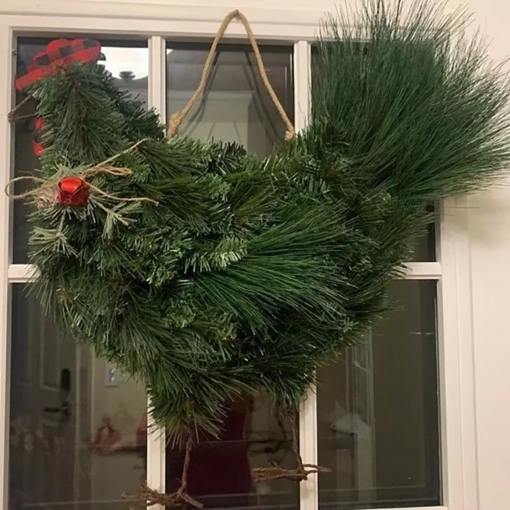 Christmas Rooster Chicken Wreath Artificial Pine Needle Garland Wreath for Front Door Handmade Xmas Rooster Wreath