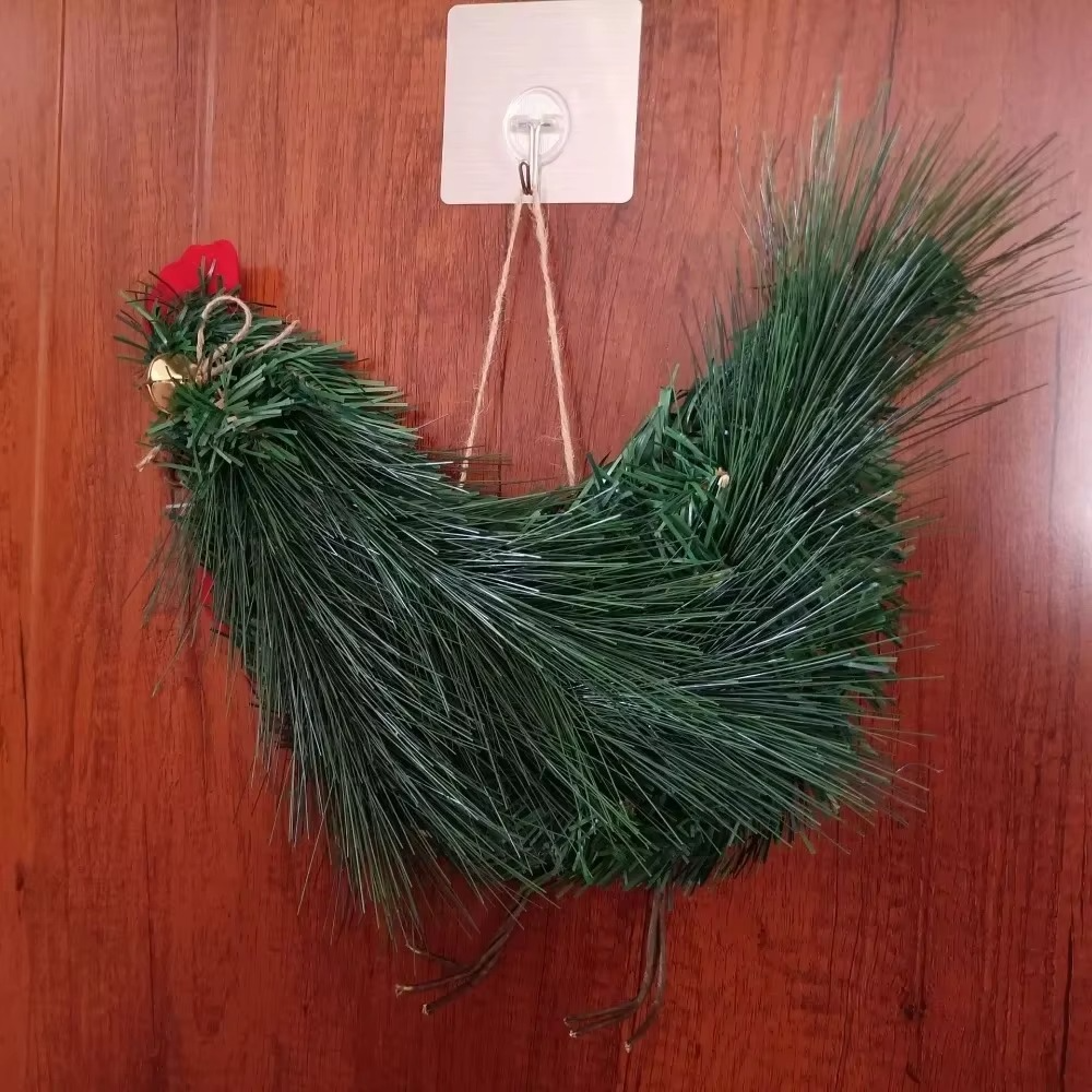 Christmas Rooster Chicken Wreath Artificial Pine Needle Garland Wreath for Front Door Handmade Xmas Rooster Wreath
