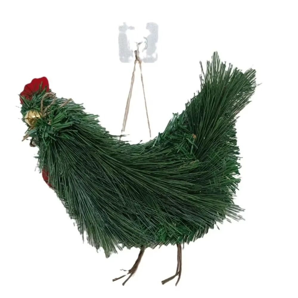 Christmas Rooster Chicken Wreath Artificial Pine Needle Garland Wreath for Front Door Handmade Xmas Rooster Wreath