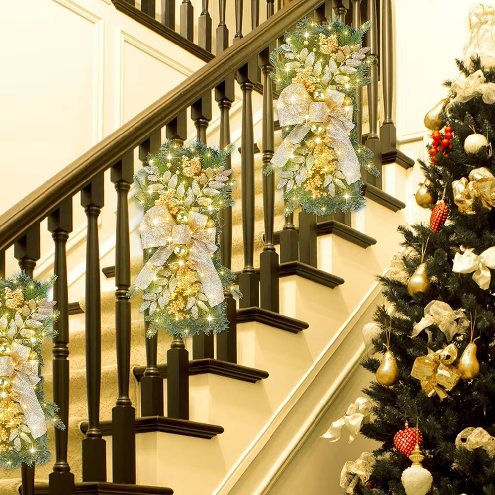LED Christmas Swag Wreath Pendants Ornament Atmosphere Decorative Garland Door Window Decoration Staircase Wreath Party Supplies