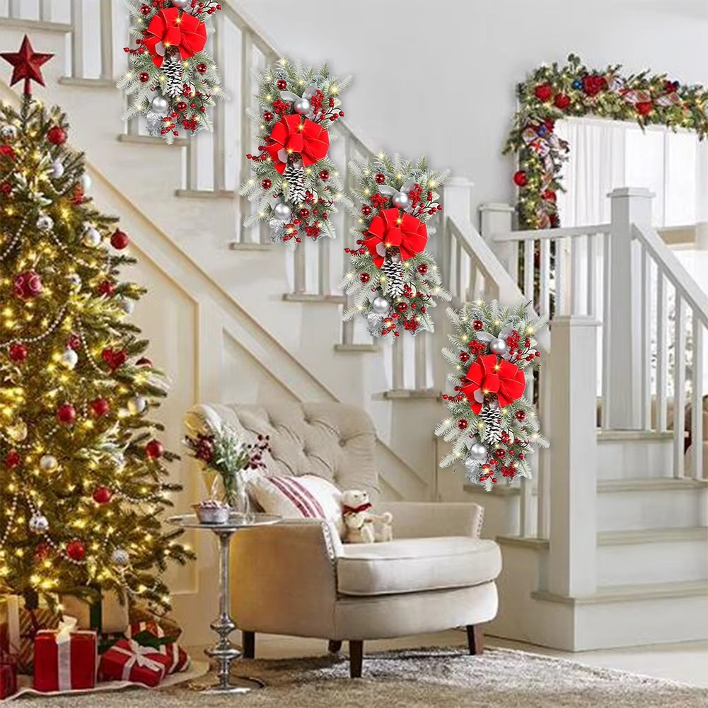 LED Christmas Swag Wreath Pendants Ornament Atmosphere Decorative Garland Door Window Decoration Staircase Wreath Party Supplies