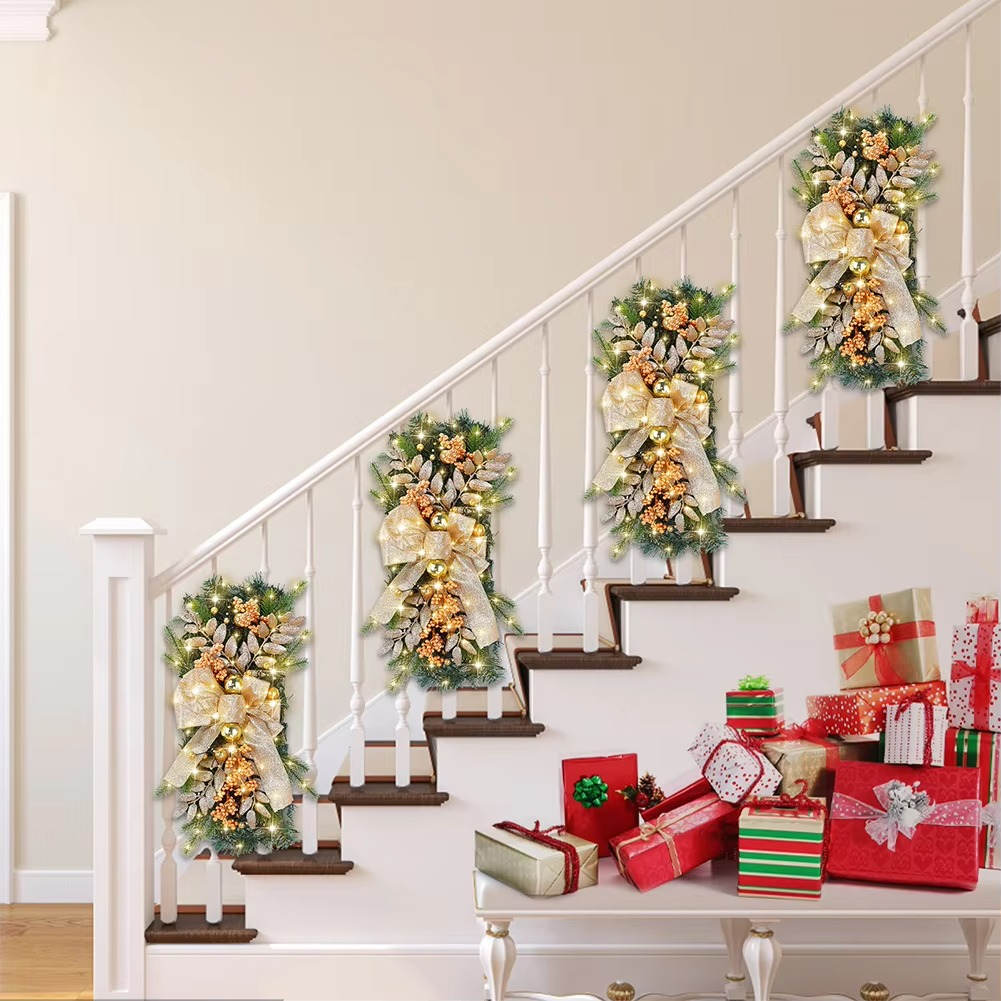 LED Christmas Swag Wreath Pendants Ornament Atmosphere Decorative Garland Door Window Decoration Staircase Wreath Party Supplies