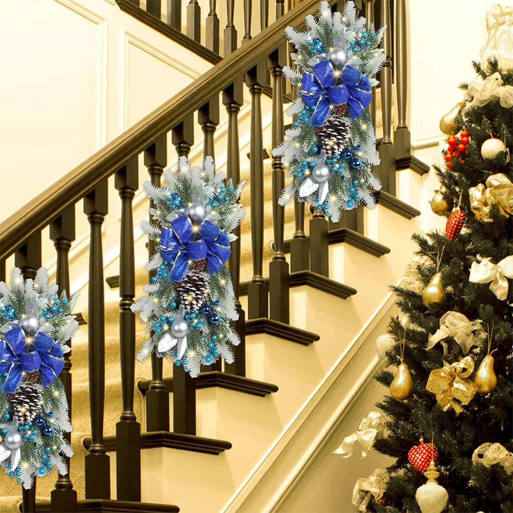 LED Christmas Swag Wreath Pendants Ornament Atmosphere Decorative Garland Door Window Decoration Staircase Wreath Party Supplies