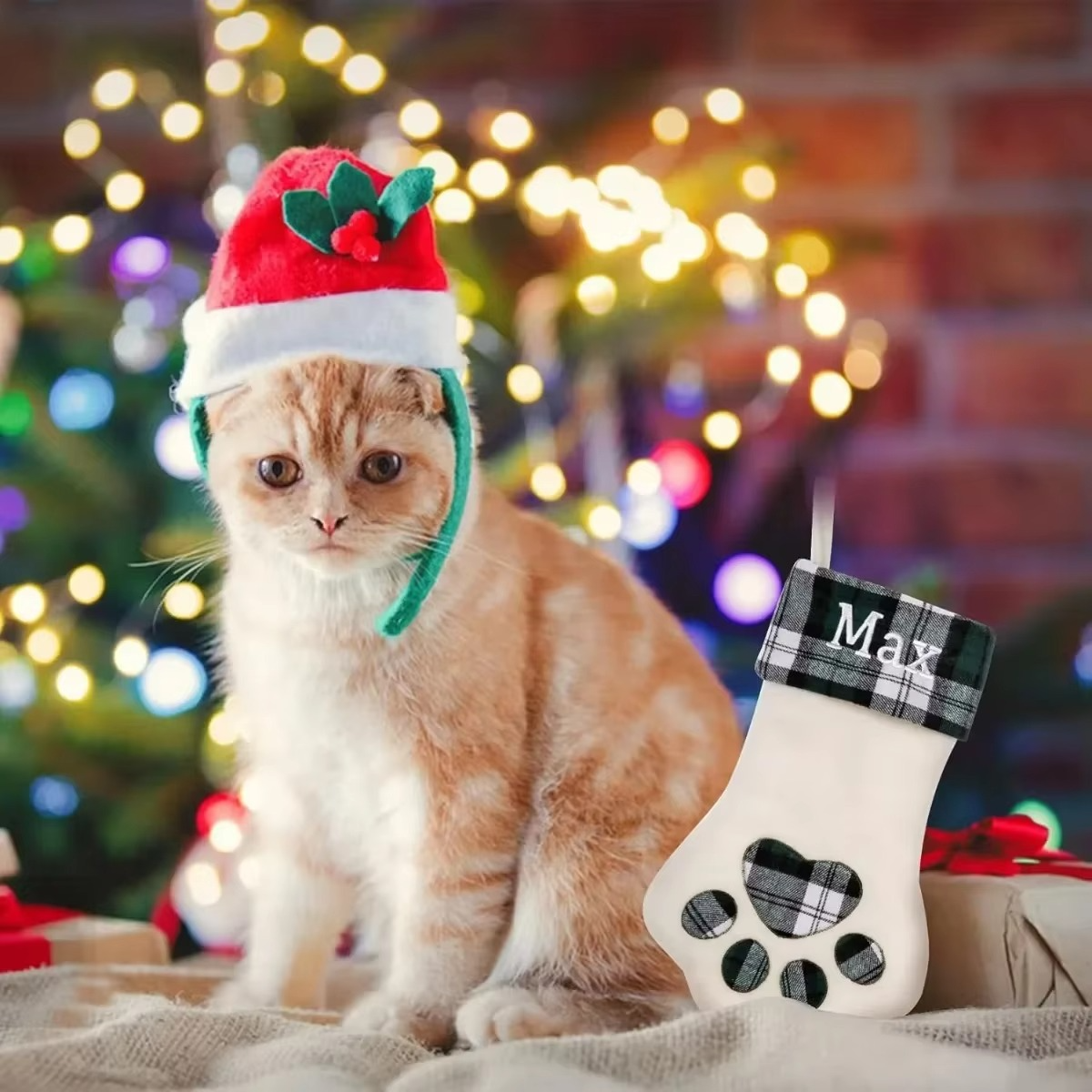Custom Pet Christmas Stockings with Embroidered Name, Pet Paw or Large Bone Xmas Stockings for Holiday Decoration