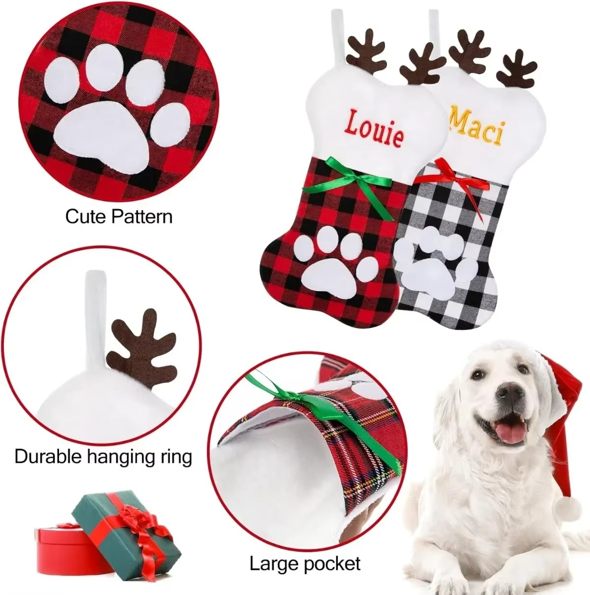 Custom Pet Christmas Stockings with Embroidered Name, Pet Paw or Large Bone Xmas Stockings for Holiday Decoration