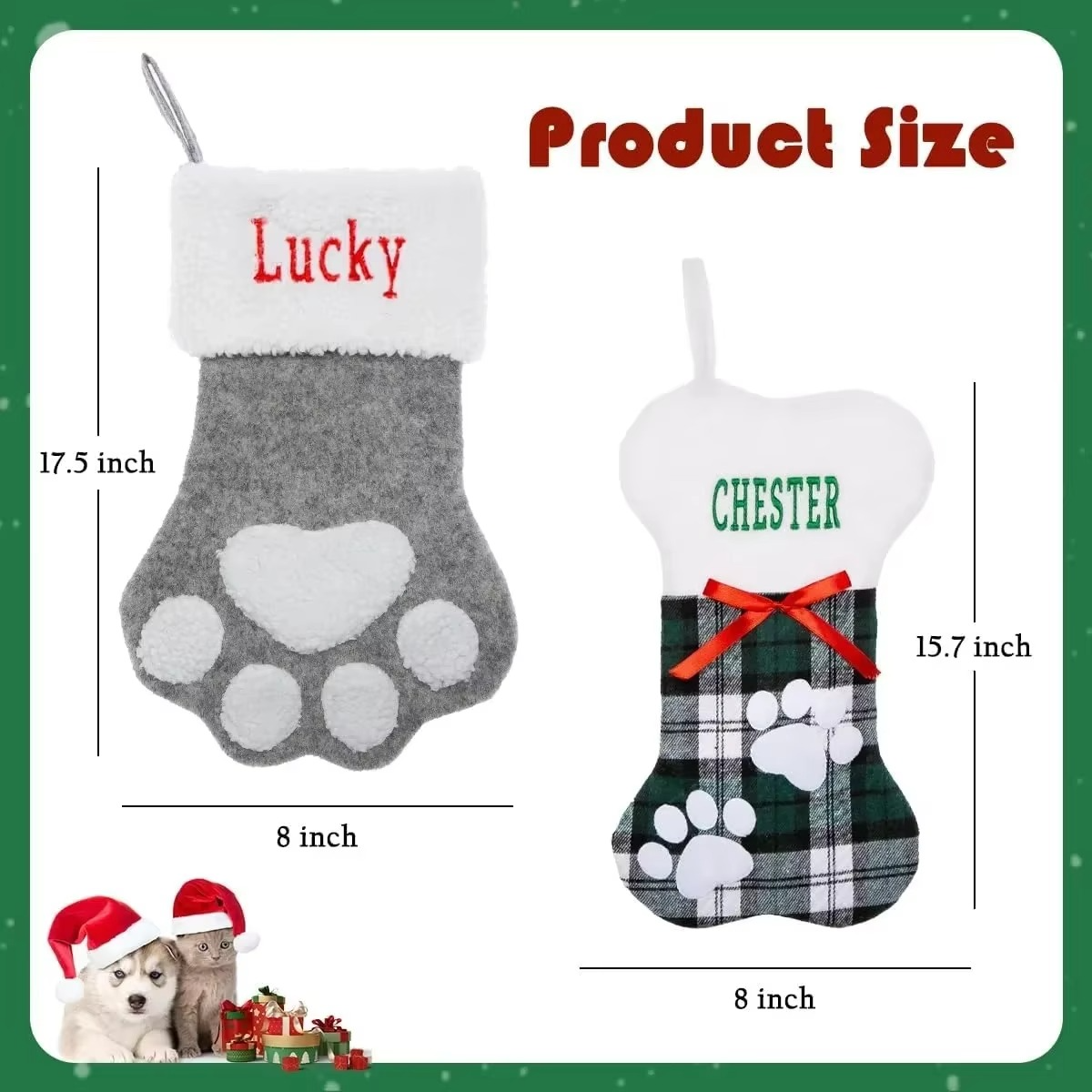 Custom Pet Christmas Stockings with Embroidered Name, Pet Paw or Large Bone Xmas Stockings for Holiday Decoration