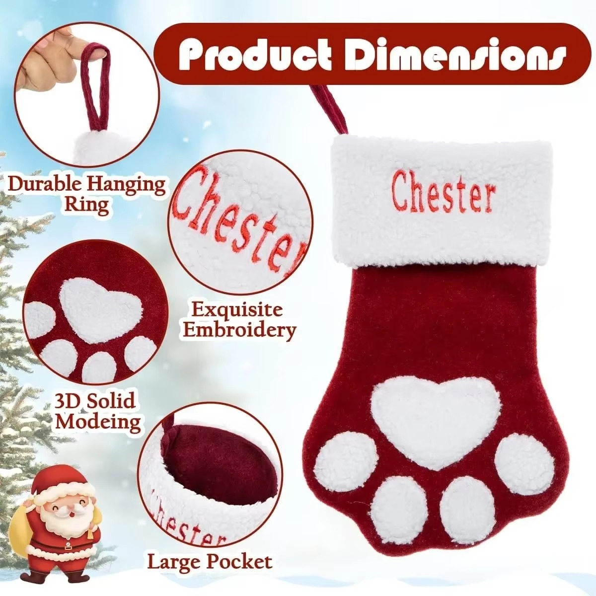 Custom Pet Christmas Stockings with Embroidered Name, Pet Paw or Large Bone Xmas Stockings for Holiday Decoration