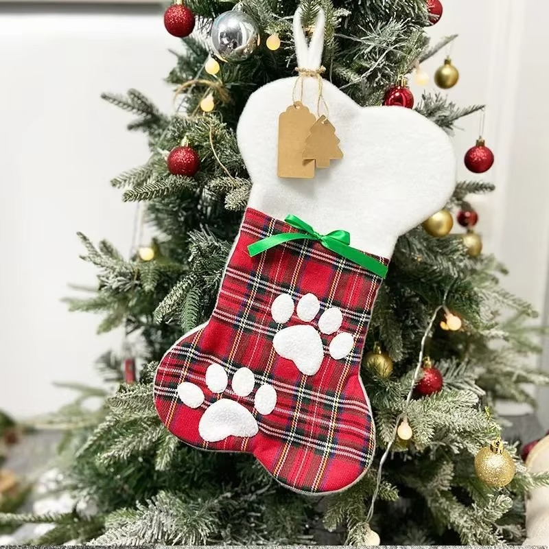 Custom Pet Christmas Stockings with Embroidered Name, Pet Paw or Large Bone Xmas Stockings for Holiday Decoration