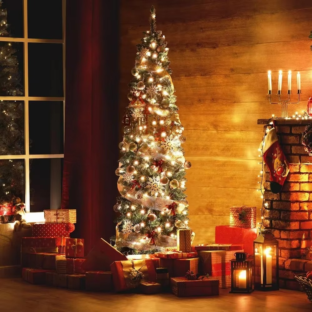7.5Ft Pre-Decorated Pencil Christmas Tree Artificial Xmas Tree Pencil Christmas Tree Pre Lit Skinny Xmas Trees For Holiday Decor