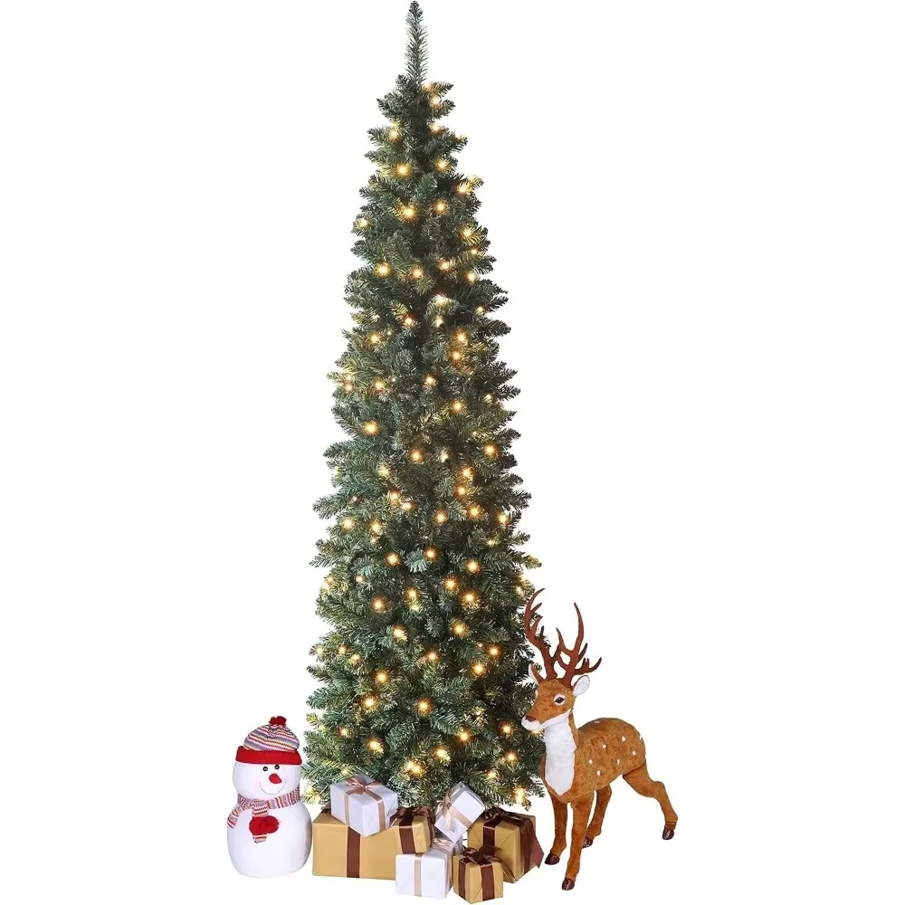 7.5Ft Pre-Decorated Pencil Christmas Tree Artificial Xmas Tree Pencil Christmas Tree Pre Lit Skinny Xmas Trees For Holiday Decor