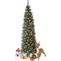 7.5Ft Pre-Decorated Pencil Christmas Tree Artificial Xmas Tree Pencil Christmas Tree Pre Lit Skinny Xmas Trees For Holiday Decor