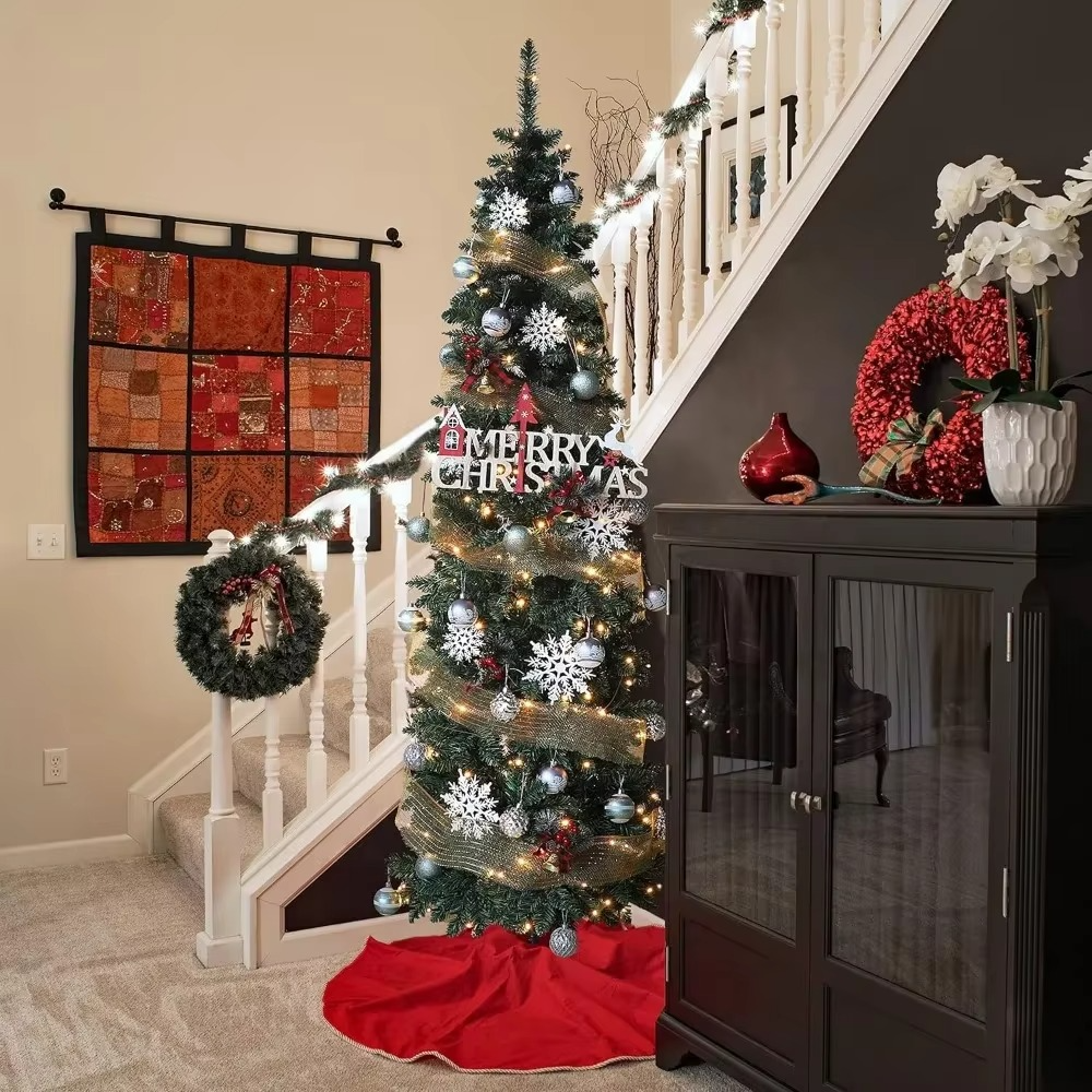 7.5Ft Pre-Decorated Pencil Christmas Tree Artificial Xmas Tree Pencil Christmas Tree Pre Lit Skinny Xmas Trees For Holiday Decor