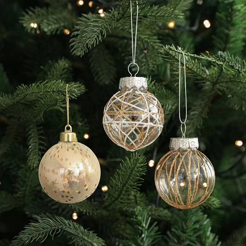 6pcs 6cm Christmas Ornaments Gold White Mesh Glitter Xmas Tree Decor Transparent Holiday Home Decorations Ornament Ball Festive