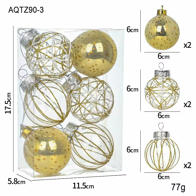 6pcs 6cm Christmas Ornaments Gold White Mesh Glitter Xmas Tree Decor Transparent Holiday Home Decorations Ornament Ball Festive