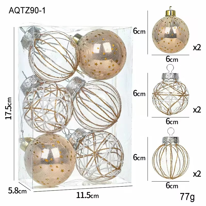 6pcs 6cm Christmas Ornaments Gold White Mesh Glitter Xmas Tree Decor Transparent Holiday Home Decorations Ornament Ball Festive