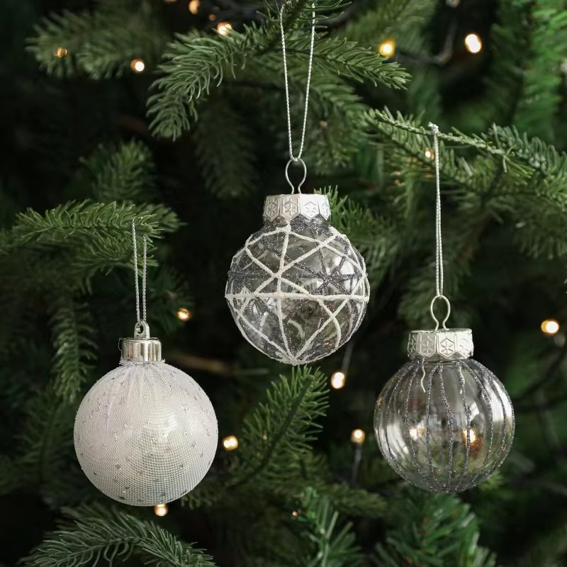 6pcs 6cm Christmas Ornaments Gold White Mesh Glitter Xmas Tree Decor Transparent Holiday Home Decorations Ornament Ball Festive
