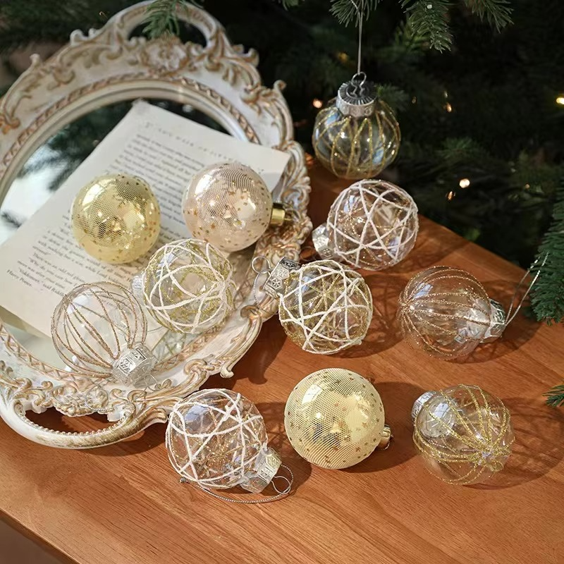 6pcs 6cm Christmas Ornaments Gold White Mesh Glitter Xmas Tree Decor Transparent Holiday Home Decorations Ornament Ball Festive